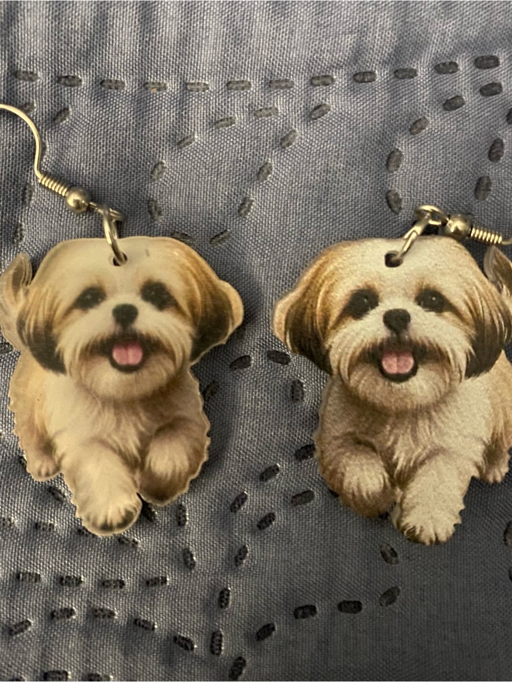 Shih Tzu Dog Face Dangle Earrings - Brown & White